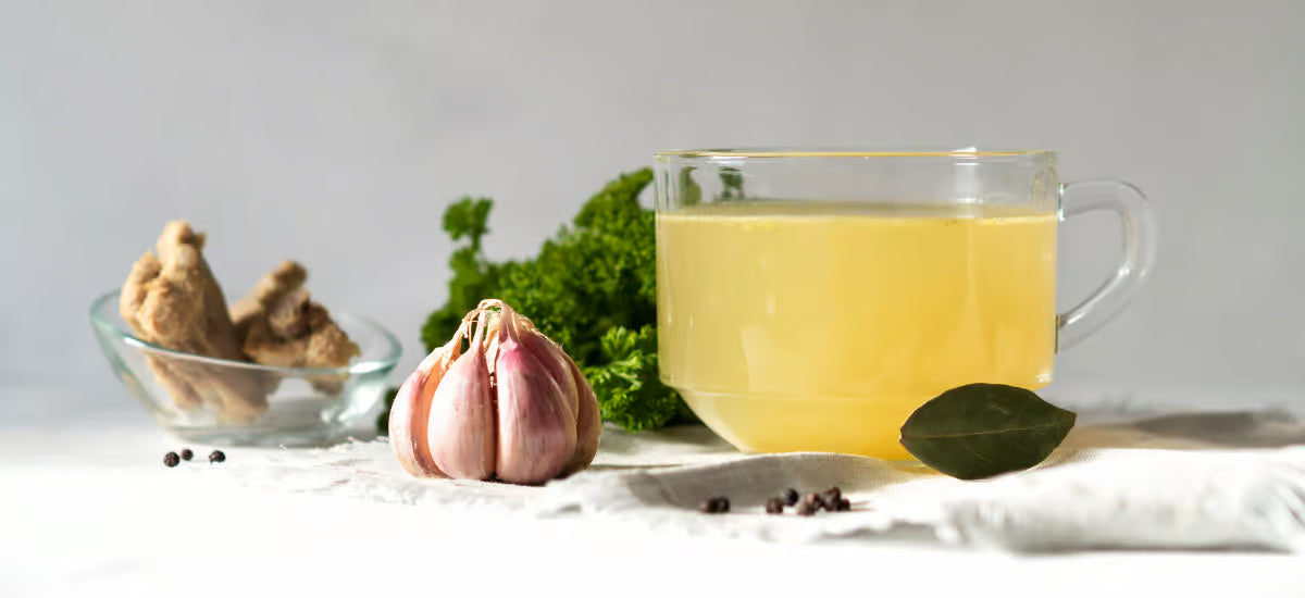 A glass of collagen broth, followed by spices