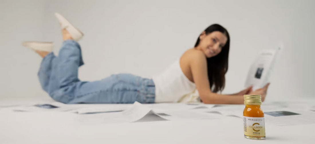 A bottle of collagen and in the background a smiling woman with a newspaper.