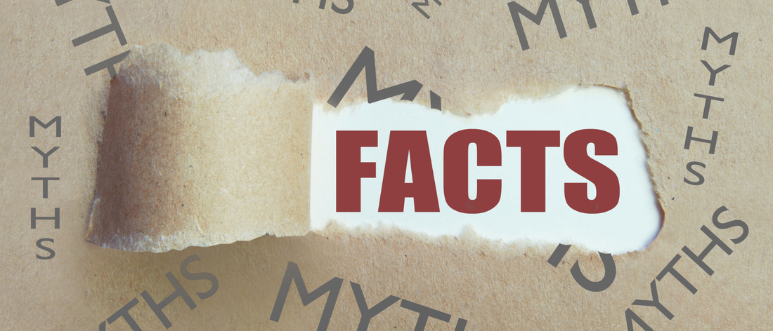 Torn brown paper revealing the word FACTS in red, surrounded by the word MYTHS