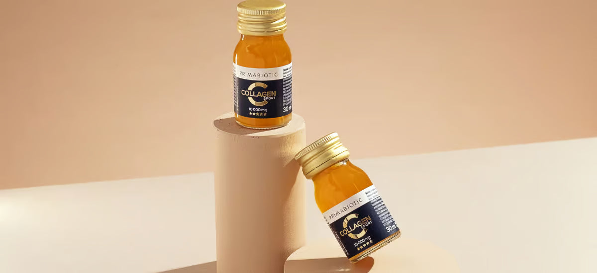 Bottles of primabiotic collagen sport arranged on a beige background