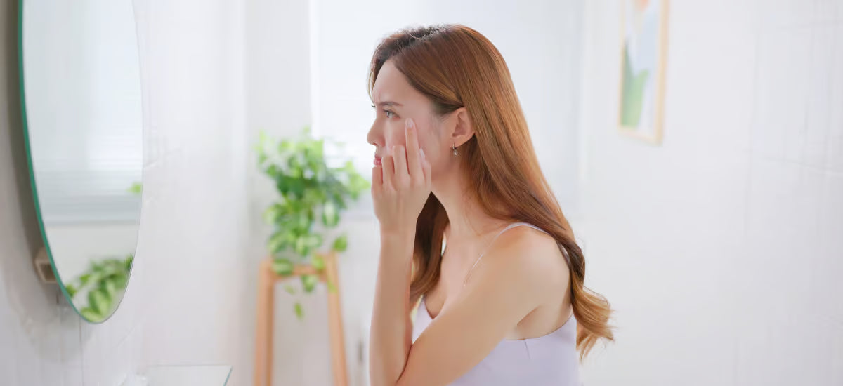A seated woman checking the state of her skin in the mirror.