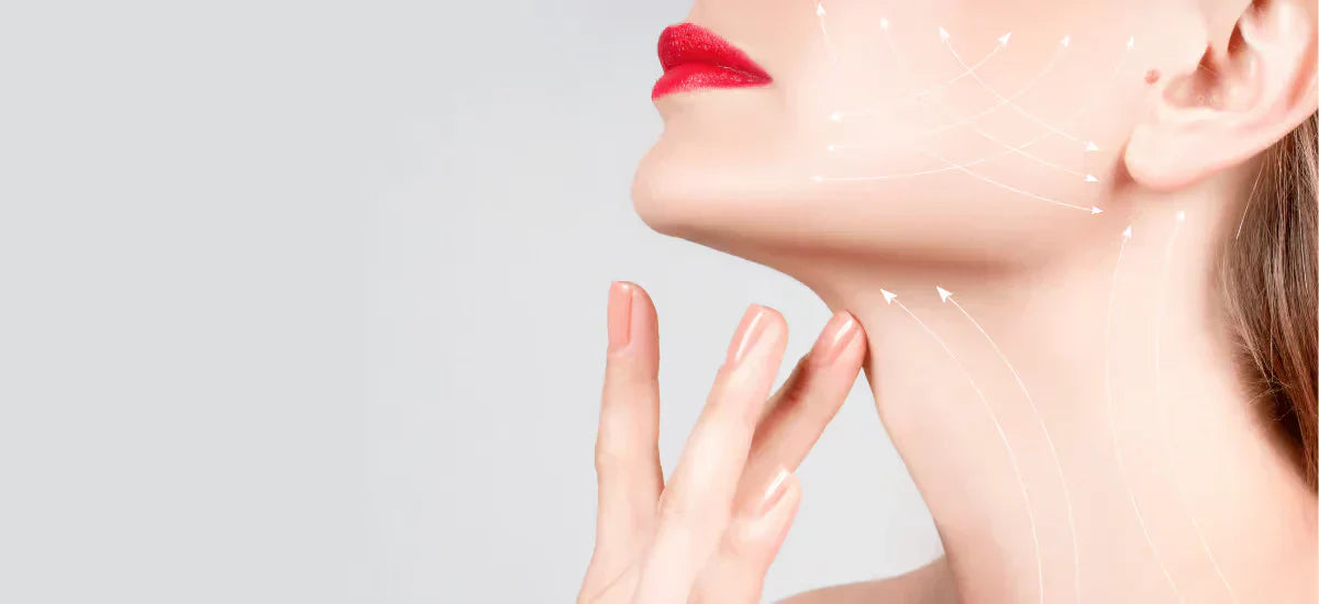 Woman touching her neck and jawline with lifting lines after using Primabiotic Collagen