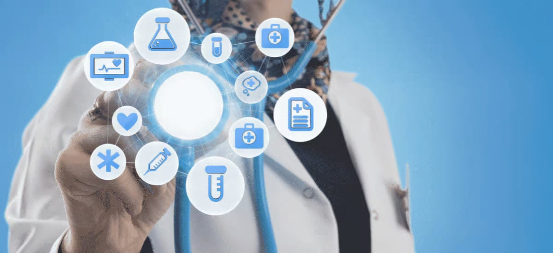 person wearing a doctor's smock touching a virtual interface displaying various icons related to hydrolyzed collagen|person wearing a doctor's smock touching a virtual interface displaying various medical icons