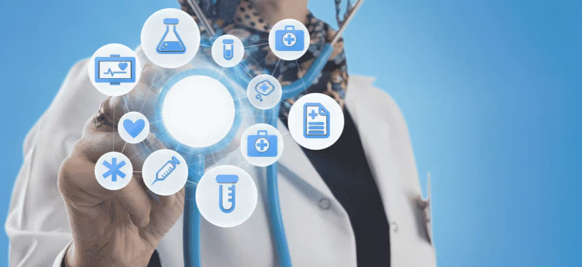 person wearing a doctor's smock touching a virtual interface displaying various icons related to hydrolyzed collagen|person wearing a doctor's smock touching a virtual interface displaying various medical icons
