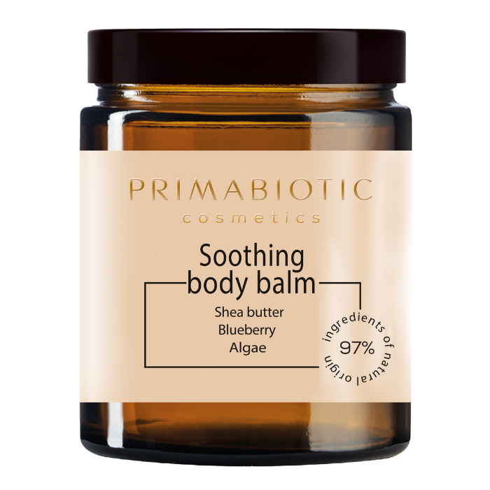 Primabiotic Soothing Body Balm with shea butter, blueberry, and algae, containing 97% ingredients of natural origin.