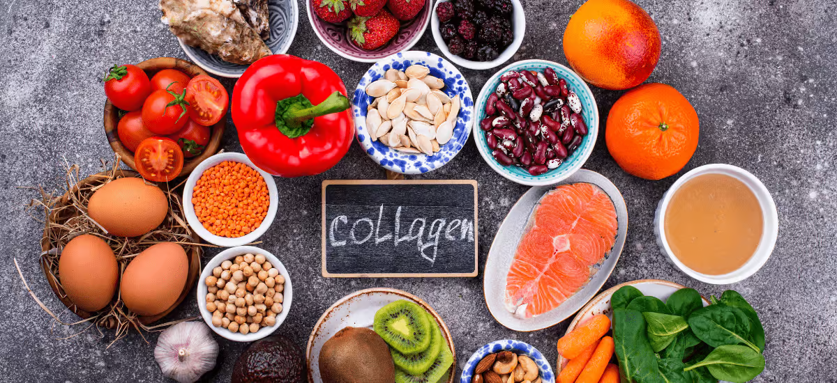 collagen sign surrounded by fruit and vegetables